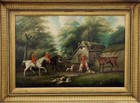 Stunning Antique Large Equastrian Hunting Scene Signed In Heavy Wood Gold Framed