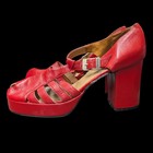 Vtg 70s Platform Sandal Block Heels Sz 7 Red Leather T Strap Peep Toe Chandlers