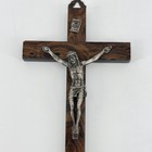 Italian Crucifix Wall Cross 6in Faux Wood Grain Silver Tone Jesus Inri Vintage