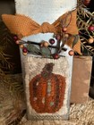 Primitive handmade wool Rug Hooking  Fall Pumpkin On Antique vintage Grater ooak