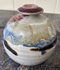Vintage Art Pottery Small Round Single Flower Vase Signed Multicolor Drip Glaze