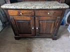 Wooden Hutch With Marble Top Drawer And Cabinet Vintage