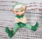 Vintage 50s Ceramic Pixie Elf Figurine Lot Green Big Smile Mouth Christmas Mcm