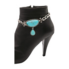 Women Silver Chain Boot Bracelet Shoe Turquoise Blue Beads Fleur De Lis Charm