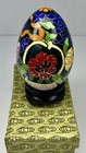 Vintage Chinese Black Cloisonn   Enamel Copper Egg Pink Flowers Wood Stand In Box