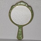 Vintage Art Deco Hand Held Mirror Pearlized Green Celluloid   Amber Bakelite