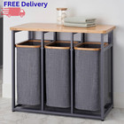 3 Bag Bamboo Laundry Sorter Station Wood Clothes Organizer Folding Table Hamper