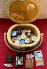 Vtg Oval Sewing Basket Quilted Fabric Hinged Top Woven Swing Handle   Contents
