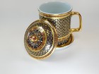 Thai Benjarong Hand Painted Gilded Porcelain Mug W  Lid   Saucer 3 Piece Set