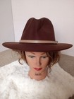 Unbranded Brown Felt Fedora Hat Wide Brim Tan Belt Buckle Cotton Poly Blend 