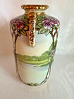 Antique Nippon Noritake Morimura Double Handle Vase Hand Painted Landscape -1911