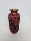 Vintage Chinese Cinnabar Carved Red Lacquer Dragon Motif Brass Base Vase 7 