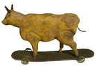 Very Rare Original Carved Wooden 13   Antique Steer Pull Toy In Early Paint 
