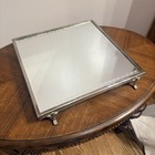 Vintage 12    Mirrored Vanity Perfume Tray Silver Tone Footed Beveled Etched