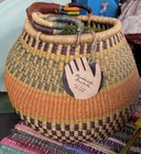 Vtg Large 12   hand Woven African Basket Leather Wrap Handle Ghana Artisan