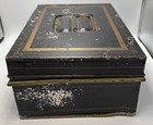 Vintage Black Tin Metal Banker s Box Cash Or Document Box C1930s - No Key