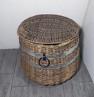 Vintage Large Boho Chic Rustic Woven Reed Wicker Rattan Basket Lid Metal Handles