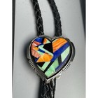E  Secatero Sterling Silver Heart Mosaic Inlay Bolo Tie Navajo Signed 28 45g