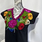 Mexican Cotton Black Blouse Hand Embroidered Multi Flowers Women   s Sz Small