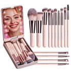 14 Pcs Mini Makeup Brush Set With Led Light Mirror - Foundation  Powder  Conceal