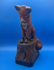 Large 15  Tall Decorated Wood Carving Of A Red Fox Seated On A Tree Stump