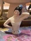 Antique German Porcelain Half Doll Art Deco Lady Black Hair White Cap Pincushion