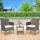 Outdoor Furniture Set 3 Piece Gray Wicker Bistro Rattan Chairs Khaki Patio Glass