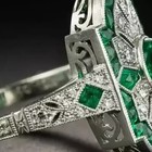 Art Deco Style Oval Cut Emerald   Lab Created Diamond 925 Silver Engagement Ring