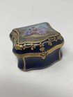 Antique French Hand Painted Porcelain Box Gilted Cobalt Blue Courting Couple