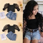 Toddler Kids Baby Girls Ruffle Lace Tops Denim Pants Outfits Summer Clothes Set