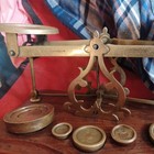 Antique Vintage English Postal Scale Weights Brass   Wood