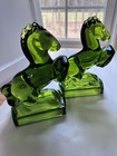 Vtg Mid Century Le Smith Green Art Glass Horse Bookends Sculpture Pair Freeuship