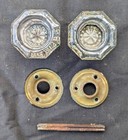 Pair Antique Vintage Old Sunken Recessed Glass Door Knob Brass Plate Rosette