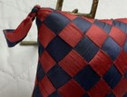 Antique Pin Cushion  Navy Blue   Red Silk - Satin Ribbons  Checks