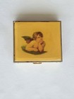 Vintage Enamel Cherub Angel Gold Tone Metal Pill Box Enameled With Insert