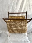 Vtg Knitting Basket Mcm Cloth Yarn Bag Folding Wood Sewing Storage Floral Tote