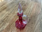 Vtg Cranberry Art Glass Decanter With Clear Handle And Stopper