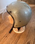 Vintage 1968 Gold Metal Flake Motorcycle Helmet W bubble Shield Snell Ca Nice