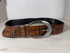 Vintage Brown Croc Embossed Leather Belt Oversized Silver Oval Buckle 1 73    Wide