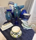 Singin    The Blues  and The Greens   Vintage Art Glass Vase Blue W gold Flecks