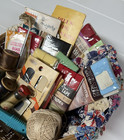 Vintage Lot Of Sewing Notions  Yoyo Quilt Piece  Doily In Wicker Sewing Basket