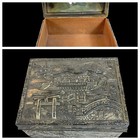 Wood Lined Silvered Box Cigarette Trinket Antique Copper  Japanese Pagoda Scene