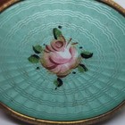 Vintage Guilloche Enamel Rose Powder Compact Blue Mesh Bottom Mirror Puff Case