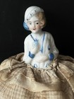 Vintage Porcelain Half Doll Pin Cushion Very Old Adorable Blue White W homespun