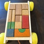 Vtg 70s Playskool Pull Toy Wooden Wagon W Complete Set Of Colorful Wooden Blocks
