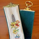 Vintage Handmade Needlepoint Bell Pull 51  Brass Hardware Pagoda Cherry Blossoms