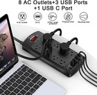 8 Outlets Power Strip Surge Protector Flat Plug  Extension Cord With 4 Usb Ports