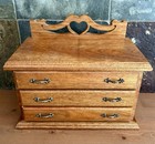 Vintage Handcrafted Wood Dresser Jewelry Box Carved Heart 3-drawer Velvet Lining