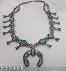 Vintage Navajo Indian Kingman Turquoise Squash Blossom Sandcast Naja Necklace