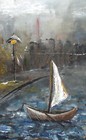 Vintage Expressionist Gouache Painting Landscape River Boat